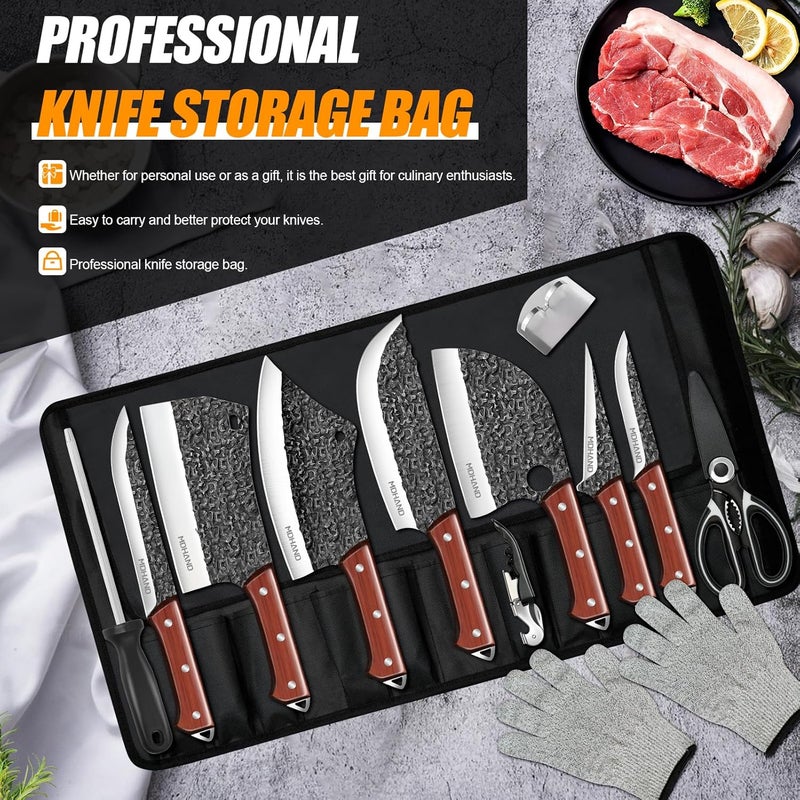 MDHAND 14PCS Butcher Knife Set, Hand Forged Butcher Chef Knife Set with Roll Bag, Sharp Meat Cleaver Knife & Bone Chopper Knives & Fillet Knives for Home & Camping & BBQ Gift for Men - Image 5